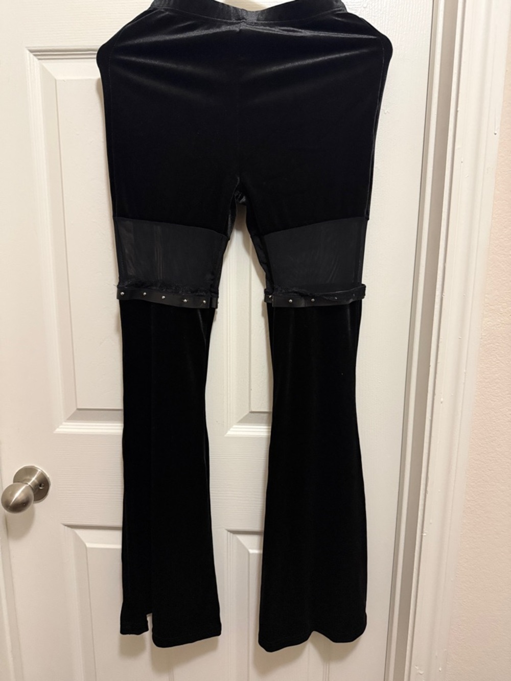 Black Velvet Wide-Leg Pants with Mesh Panel